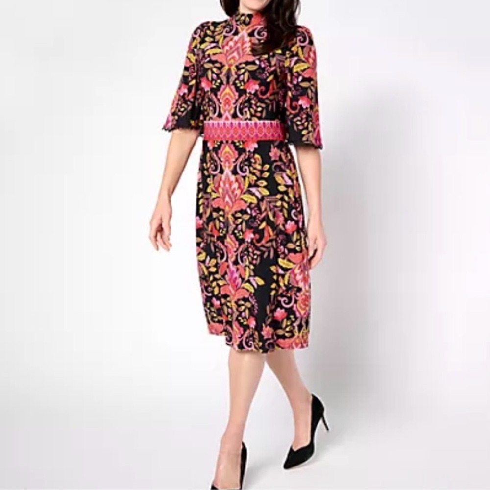 QVC Black Midi Dress with Pink and Yellow Floral Print
